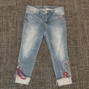 WHBM Embroidered Blue Slim Crop cuff Jeans Womens Sz 10 Paisley Floral